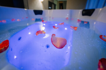 A close-up of a luxurious hot tub with glowing blue water and delicate rose petals floating on the...