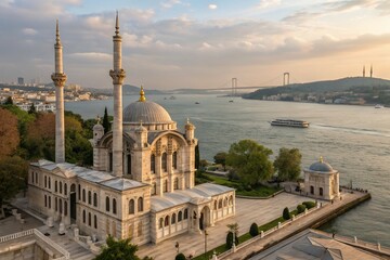 Obraz premium A majestic mosque overlooking the serene Bosphorus Strait at sunset, bathed in warm golden light, a picturesque Istanbul scene.