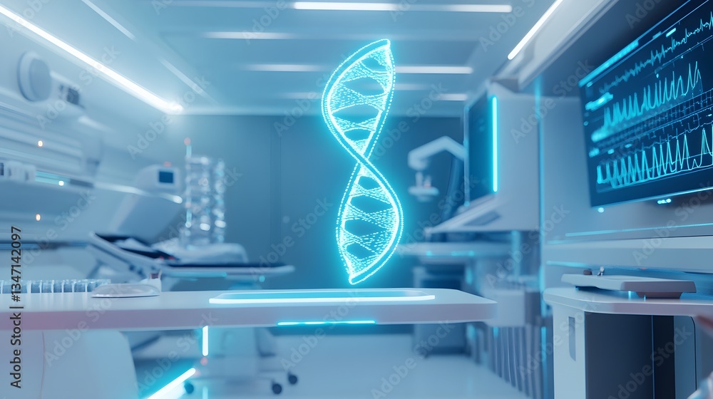 Poster futuristic lab setup showcasing digital dna helix over a table