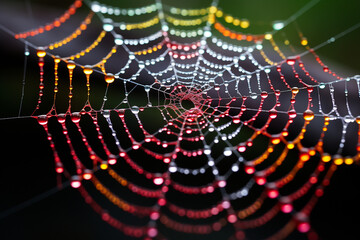 intricate and stunning design of a spiderweb adorned with a dew drop showcases harmonious blend of geometry, fragility, and beauty found in nature
