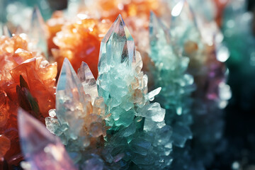 intricate garden of frozen crystals and soft flakes, adorning vibrant emerald blades, essence of winter icy embrace intertwining with gentle whispers of spring awakening