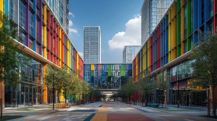 Fototapeta premium Colorful modern commercial buildings, vibrant city street, urban walkway, sunny day