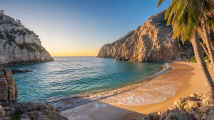 Tranquil Sunset Over Pristine Beach and Cliffs