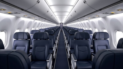 A modern economy-class airplane interior with comfortable seating.