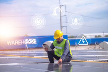 A solar energy engineer inspects photovoltaic panels using digital technology to drive a...