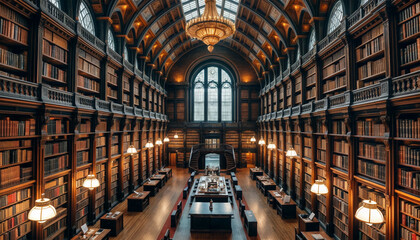 Fototapeta premium Huge ancient library. Large reading hall with books