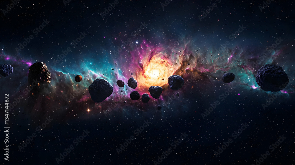 Poster panoramic view of a cosmic galaxy displaying swirling nebula and numerous asteroids against a dark s