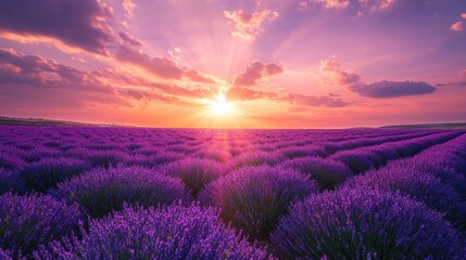 Obraz premium A field of purple flowers bathed in warm sunlight shines brightly