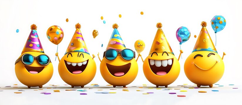 Five joyful emoji friends celebrate a party with colorful hats, balloons, and confetti against a bright white background.