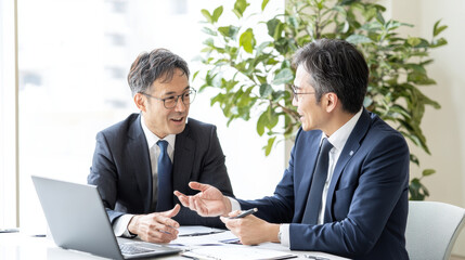 Fototapeta premium Two business professionals engage in lively discussion about customer feedback in bright office setting