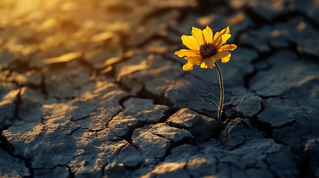 A single golden flower growing from cracked, dry earth, radiating an unearthly light 