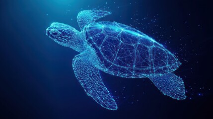 Fototapeta premium Abstract polygonal sea turtle swimming in blue ocean.