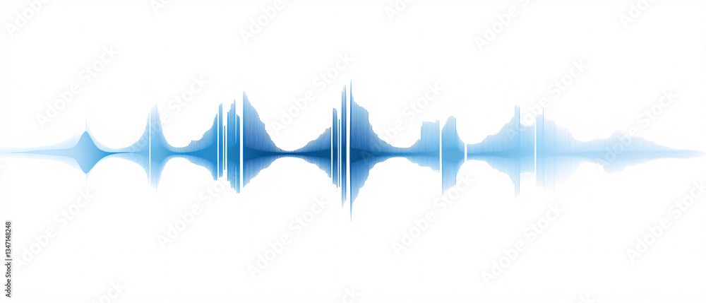 Poster a crisp symmetrical blue audio waveform in an abstract digital design with smooth peaks and valleys 