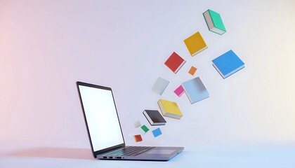 Laptop with colorful books floating from the screen - digital learning concept