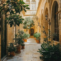 Sun-drenched courtyard pathway,  lush plants,  historic building,  interior courtyard,  ideal for travel brochures