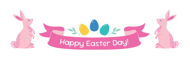 Happy Easter Day banner with cute pink rabbits. Vector illustration isolated on white background.