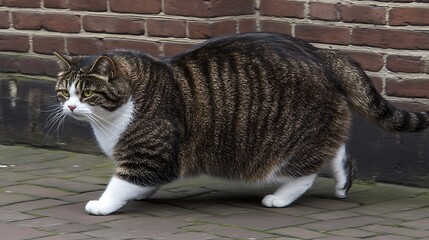 Overweight Tabby Cat Strolling on Cobblestones.