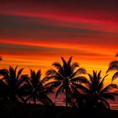 A vibrant orange and red sky at dawn with silhouettes of palm trees along the coast, AI Generated