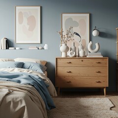 Serene Minimalist Bedroom Design Light Oak Dresser, Neutral Tones, and Abstract Art
