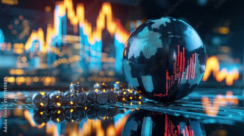 Poster a symbolic globe split into coal and oil sectors with pricing data overlayed.