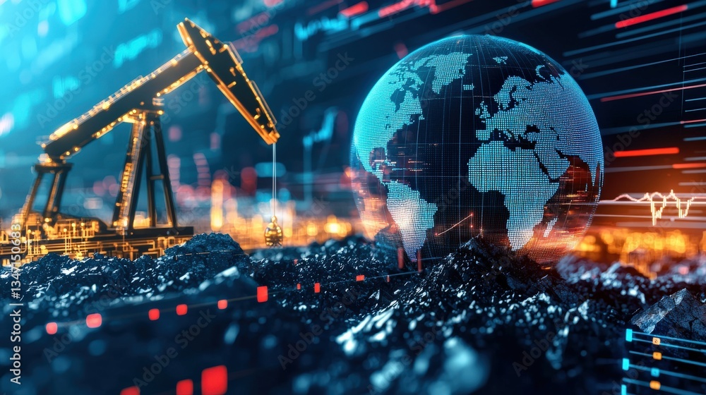 Poster a symbolic globe split into coal and oil sectors with pricing data overlayed.