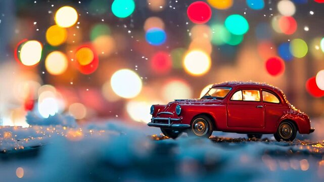 クリスマスライトとミニチュア赤い車