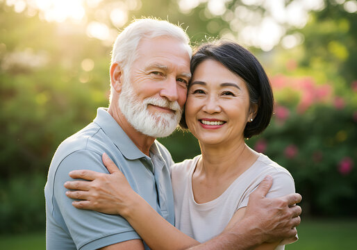 A happy mature couple embracing in their garden, enjoying the warm sunshine and each other's company.