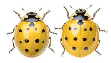 Fototapeta premium Stunning Macro Photography of Yellow Ladybugs with Distinctive Black Spots Perfect for Nature and Insect Enthusiasts