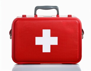 Obraz premium Red first aid kit with white cross on front for emergency medical supplies