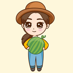 cartoon of a woman holding a watermelon with a hat