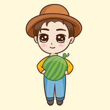 Cartoon of a man holding a watermelon with a hat