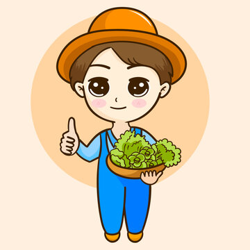 Cartoon of a man holding vegetables and wearing a hat