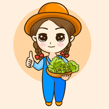 Cartoon of a woman holding vegetables and wearing a hat