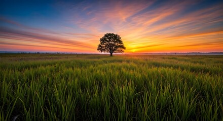 A vibrant sunrise over a grassy meadow with a lone tree standing in the center, Ai Generated