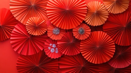 Red paper fan decorations, festive background, celebration