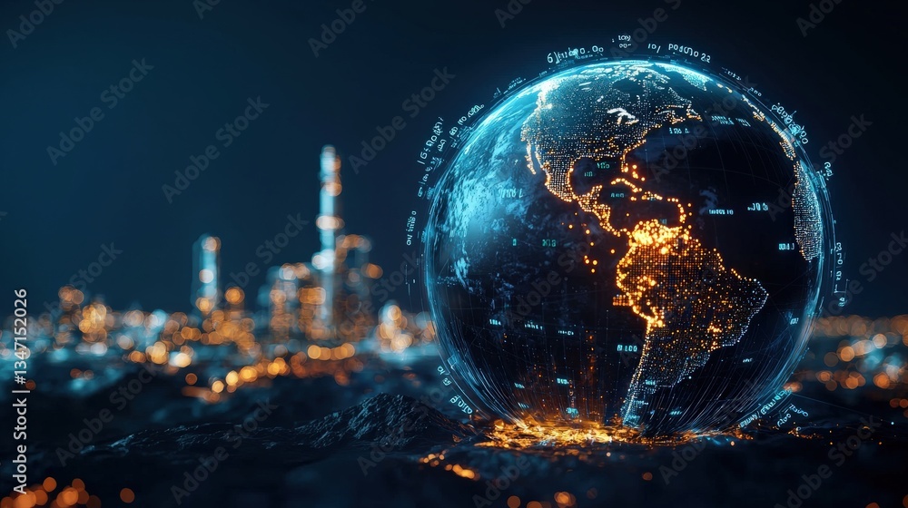 Poster a symbolic globe split into coal and oil sectors with pricing data overlayed.