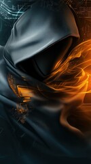 Hooded Figure in Cyberpunk Art: Abstract Design with Neon Glow on Dark Background