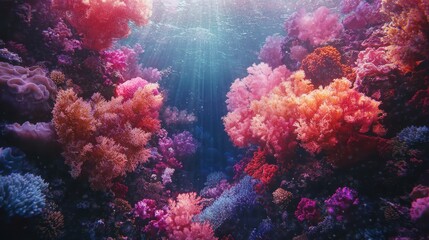 Vibrant coral reef underwater scene, sunlight rays through water