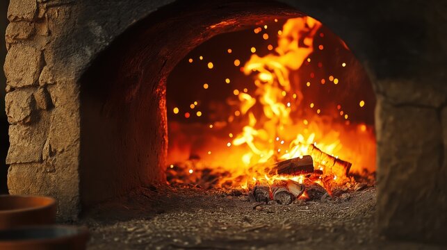 A traditional kiln with an open fire and glowing embers