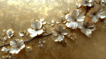 Blossom branch White flowers & leaves on textured, metallic gold surface