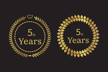 5th anniversary logo  with golden color and silver stars confetti isolated black backgrounds for greeting cards, invitations, Wedding anniversary , banner and celebration company or business corporate