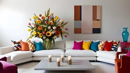 Minimalist living room with a cozy white sofa, colorful throw pillows, and bold flower arrangements. Abstract wall art and vibrant decor create a playful yet modern