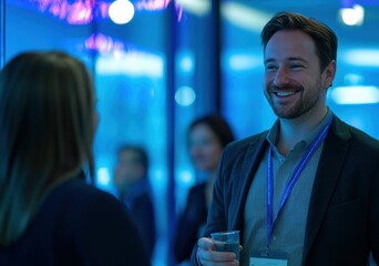 Business professionals engage in discussions project consultants at an exhibition event, exchanging insights on digital technology, finance, and strategic planning.