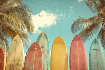 Colorful surfboards under tropical palms