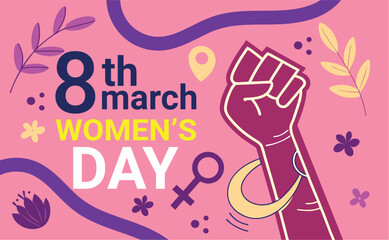 Collage hand raised with female symbol isolated on pastel pink background. Banner template for International women's day, feminism, protest, gender equality. Vector illustration