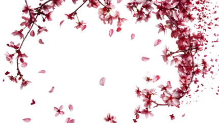 Cherry blossoms and petals falling in the shape of a circle isolated on a transparent background, detailed photo, png 