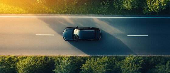 A sleek black car drives along a smooth road surrounded by lush green trees under the golden light of a setting sun from a top-down view

