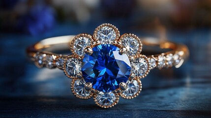 Blue sapphire and diamond floral ring on dark blue background.