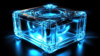 Translucent cube with glowing blue sphere inside