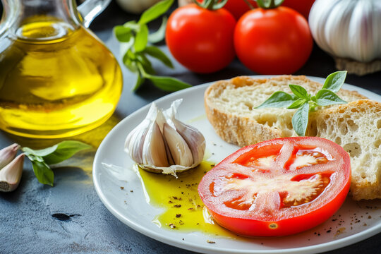 Typical Mediterranean breakfast, olive oil, tomato, garlic and bread. Healthy lifestyle